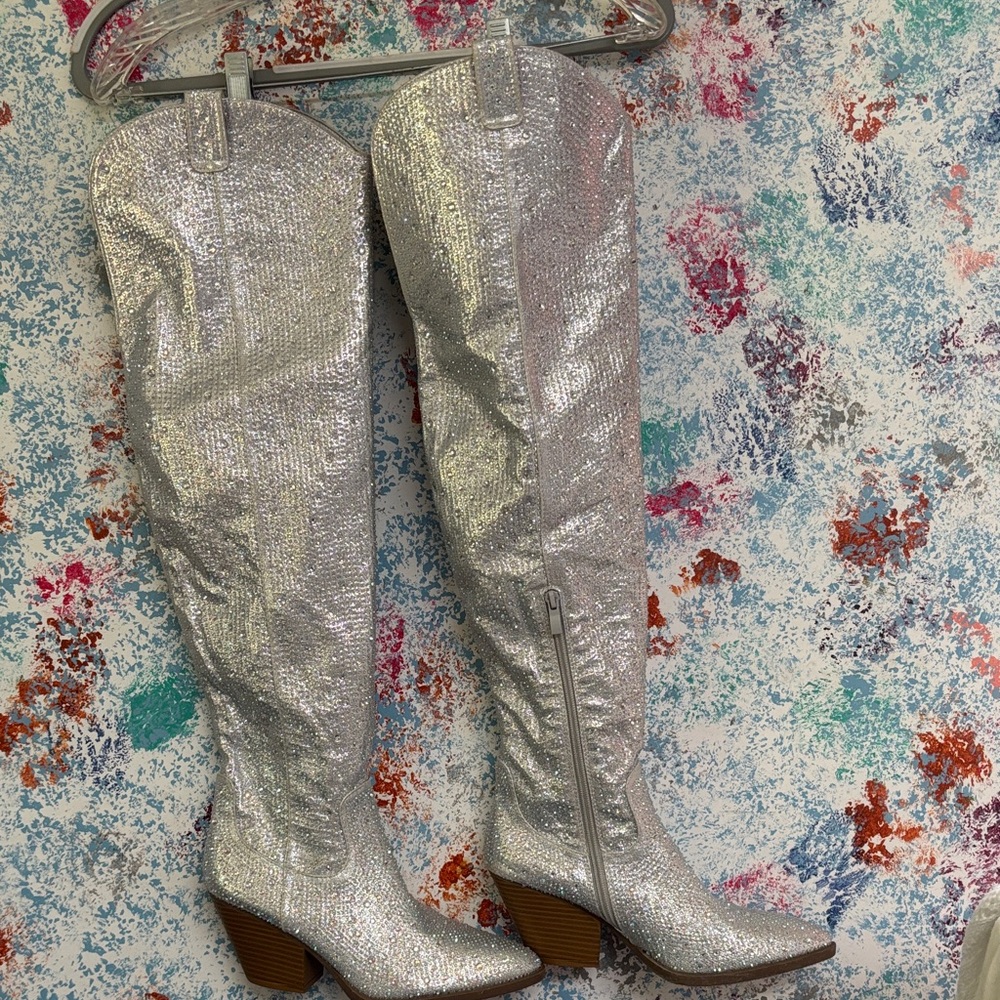 Silver Sequin Knee-High Boots